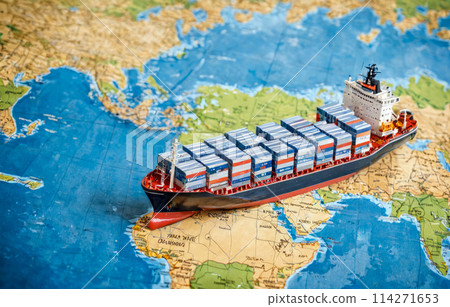 miniature cargo ship loaded with containers on world map, global maritime trade routes. Cargo ship on map of world. Logistics and transportation concept. 114271653