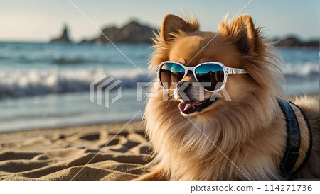 A German Pomeranian in sunglasses is relaxing on the beach by the sea and by the pool at the hotel. Traveling with a dog, stress for a pet, escape from the heat. AI generated 114271736