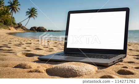 Laptop with blank white screen mock up on  tropical beach with palm trees wallpaper on a sandy beach in heat on trip. Remote work on vacation and travel, home office, internet, tours, resort, hotel. 114271762