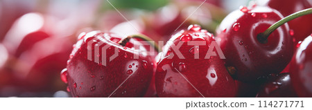 Fresh red cherries close up with water droplets, vibrant, glossy background Fresh red cherries close up with water droplets, vibrant, glossy background 114271771