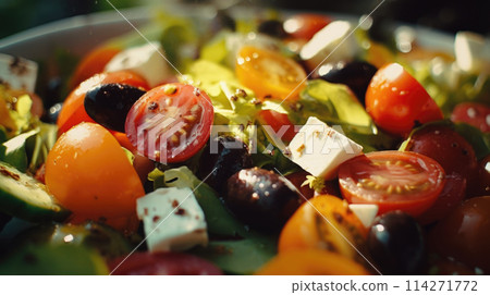 Fresh Mediterranean Greek salad with tomatoes, olives and feta cheese, natural light 114271772