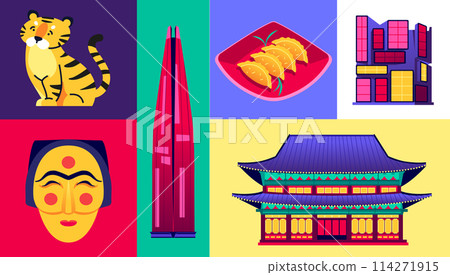 National symbols of South Korea - set of flat design style colorful illustrations 114271915