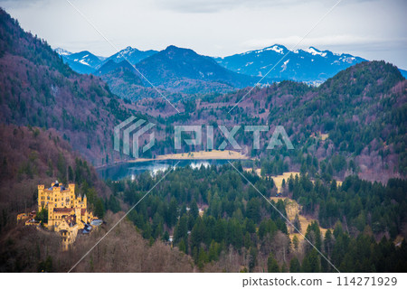 Hohenschwangau Castle overlooked from Neuschwanstein Castle in Bavaria, Germany 114271929