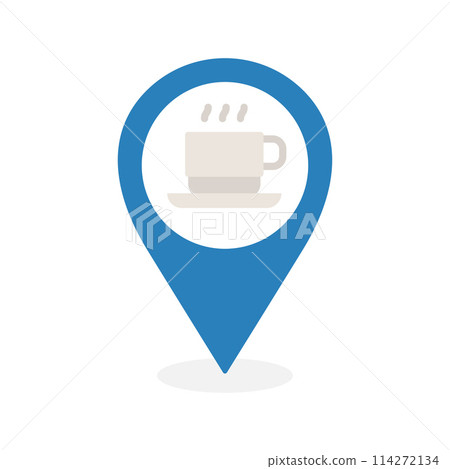Pin with cup of coffee icon. Nearby coffee location. Location point of cafe or restaurant. Pin with cup of coffee icon. Nearby coffee location. Location point of cafe or restaurant. 114272134