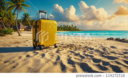 Yellow suitcase on a tropical beach is a trip to the sea in a warm summer climate, a vacation tour in hotel. AI generated 114272516