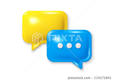 3d speech bubble icon. Chat comment with ellipsis icon. Blue talk message box. Modern realistic 3d design. Support speech bubble, chat message boxes. Social media dialog banner. Vector illustration 114272601