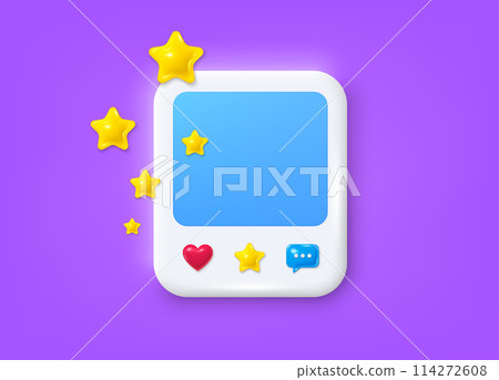 Social media photo 3d frame with heart, like, message. Clean empty photo post template. Frame photo banner with chat speech bubble. Social media post 3d frame with stars. Vector illustration Social media photo 3d frame with heart, like, message. Clean empty photo post template. Frame photo banner with chat speech bubble. Social media post 3d frame with stars. Vector illustration 114272608