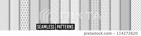 Geometric set of seamless gray and white patterns. Abstract geometric graphic design print patterns. Seamless geometric textures. Line design pattern. Vector illustration Geometric set of seamless gray and white patterns. Abstract geometric graphic design print patterns. Seamless geometric textures. Line design pattern. Vector illustration 114272620
