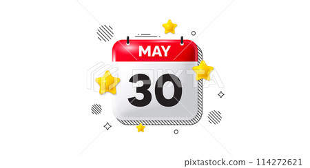 Calendar date 3d icon with stars. Month event schedule date. Meeting appointment calendar, time planner reminder banner. Diary organizer. May 30th calendar date. Vector illustration 114272621