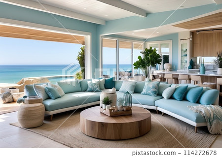 The interior of the hotel room with a view of the ocean for a beach holiday and travel. AI generated 114272678