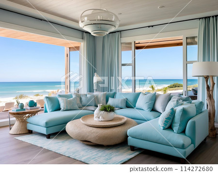 The interior of the hotel room with a view of the ocean for a beach holiday and travel. AI generated 114272680