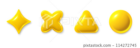 Set of yellow different 3d shapes. Stars, triangle, circle glossy elements. Realistic 3d design cartoon style. Abstract objects for 3d design elements. Yellow golden star. Vector illustration 114272745