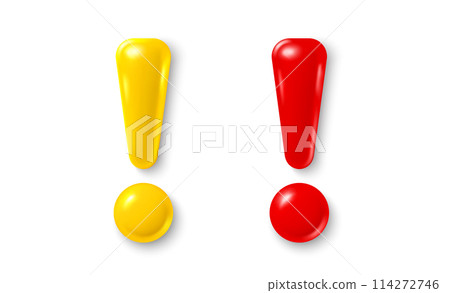 Exclamation 3d mark red and yellow colors. Realistic 3d symbol icon design. Alert, warning info and danger. Caution exclamation icon, important information. Vector illustration 114272746