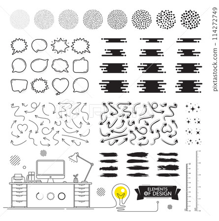 Set of geometric shapes. Trendy graphic elements for design. Arrows, stars and retro speech bubbles. Minimal style design. Abstract geometric elements and lines. Inch ruler. Vector illustration Set of geometric shapes. Trendy graphic elements for design. Arrows, stars and retro speech bubbles. Minimal style design. Abstract geometric elements and lines. Inch ruler. Vector illustration 114272749