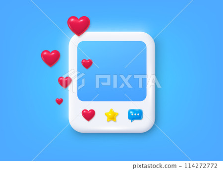 Social media photo 3d frame with heart, like, message. Clean empty photo post template. Frame photo banner with chat speech bubble. Social media post 3d frame with hearts. Vector illustration Social media photo 3d frame with heart, like, message. Clean empty photo post template. Frame photo banner with chat speech bubble. Social media post 3d frame with hearts. Vector illustration 114272772