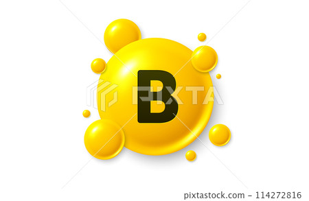 Vitamin B shining pill capsule icon. Shining golden substance drop. Meds ads. Medical nutrition for health. Pharmacy healthcare supplements. Vitamin B medicine. Vector illustration. 114272816