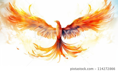 Solar phoenix watercolor illustration - Generative AI. Solar, phoenix, fire, wings. 114272866