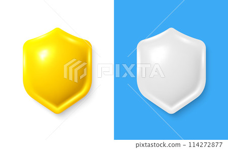 Shield 3d icon set. Yellow security shield symbol. Protection, safety defense, 3d secure. Guarantee safe, protect warranty, certified secure shield. Vector illustration Shield 3d icon set. Yellow security shield symbol. Protection, safety defense, 3d secure. Guarantee safe, protect warranty, certified secure shield. Vector illustration 114272877