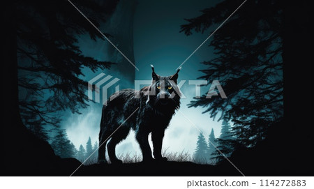 Shadow lynx stalker watercolor illustration - Generative AI. Lynx, night, misty, woodland. 114272883