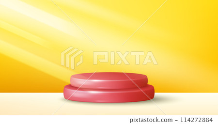 Realistic 3d cylinder pedestal podium with pastel yellow background. Abstract geometric platform. Product display presentation stand. Minimal scene stage podium. Vector illustration Realistic 3d cylinder pedestal podium with pastel yellow background. Abstract geometric platform. Product display presentation stand. Minimal scene stage podium. Vector illustration 114272884