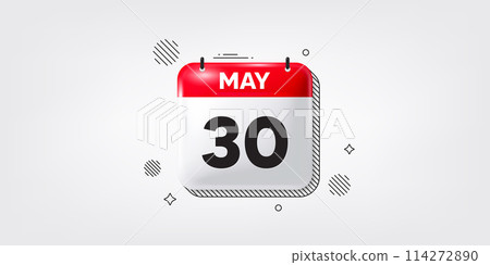 Calendar date 3d icon. Month event schedule date. Meeting appointment calendar, time planner reminder banner. Diary organizer. May 30th calendar date. Vector illustration 114272890