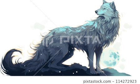 Lunar wolf watercolor illustration - Generative AI. White, grey, wolf, moon. 114272923