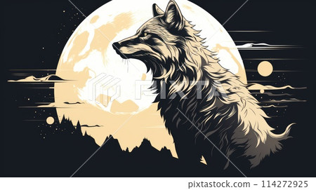 Lunar wolf watercolor illustration - Generative AI. White, grey, wolf, moon. 114272925