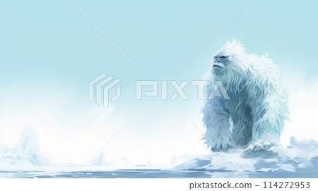 Frozen yeti watercolor illustration - Generative AI. Yeti, snow, mountain, ice. 114272953