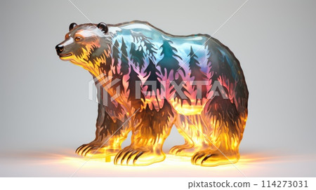 Aurora bear watercolor illustration - Generative AI. Big, bear, tree, pines. 114273031