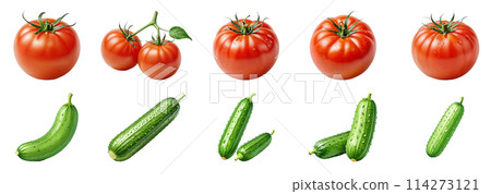 Tomato and cucumber set collection. Photo realistic fresh red ripe tomatoes and cucumber, isolated on white background. Vegetarian food. Vegetable theme design elements set. 114273121