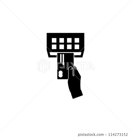 Using Pos Terminal. Hand Pushing Credit Card in to Bank Card Reader. Credit Card Payment Flat Vector Icon 114273152