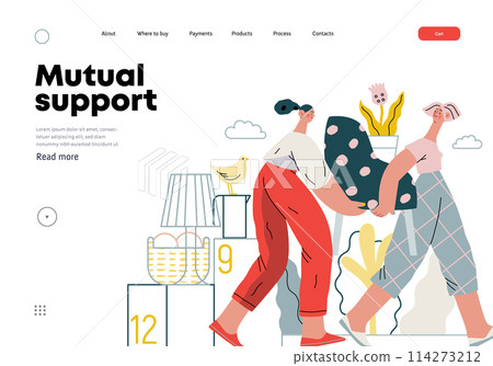 Mutual Support: Assistance with Moving -modern flat vector concept illustration of women collaboratively moving household items A metaphor of voluntary, collaborative exchanges of resource, services Mutual Support: Assistance with Moving -modern flat vector concept illustration of women collaboratively moving household items A metaphor of voluntary, collaborative exchanges of resource, services 114273212