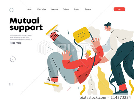Mutual Support, Assisting Falling Person- modern flat vector concept illustration of man slipping, another supports him, preventing fall. Metaphor of voluntary, collaborative exchange of service Mutual Support, Assisting Falling Person- modern flat vector concept illustration of man slipping, another supports him, preventing fall. Metaphor of voluntary, collaborative exchange of service 114273224