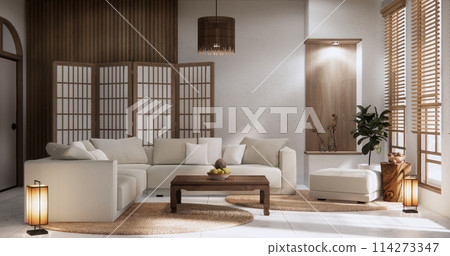 Living room modern minimal style with sofa armchair on tiles granite floor. 114273347