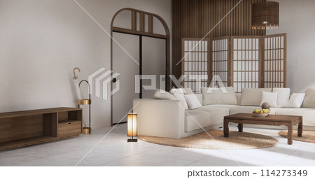 Living room modern minimal style with sofa armchair on tiles granite floor. Living room modern minimal style with sofa armchair on tiles granite floor. 114273349