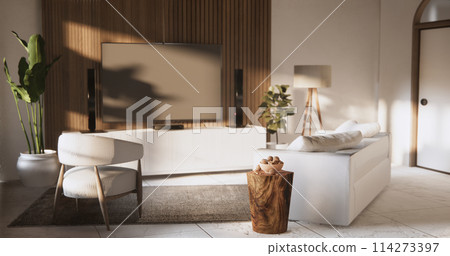 Living room modern minimal style with armchair on tiles granite floor. Living room modern minimal style with armchair on tiles granite floor. 114273397
