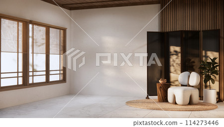 Living room modern minimal style with sofa armchair on tiles granite floor. Living room modern minimal style with sofa armchair on tiles granite floor. 114273446