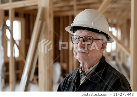 Senior construction worker with a hard hat smiling slightly in a timber yard. Senior construction worker with a hard hat smiling slightly in a timber yard. 114273448