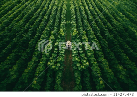 Overhead view of a dense vineyard with a solitary worker standing amidst the vast green rows. 114273478