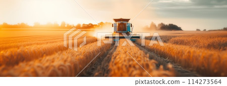 Early morning harvest scene with a combine harvester driving through a golden wheat field, creating a dusty trail in the dawn light. 114273564