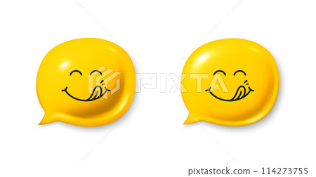 Yummy smile 3d emoticon with tongue lick mouth. Tasty food eating emoji face in 3d speech bubble. Delicious cartoon emotion with tongue. Smile face speech bubble design. Savory gourmet. Yummy vector Yummy smile 3d emoticon with tongue lick mouth. Tasty food eating emoji face in 3d speech bubble. Delicious cartoon emotion with tongue. Smile face speech bubble design. Savory gourmet. Yummy vector 114273755