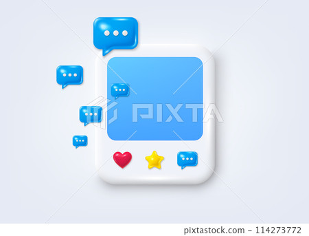 Social media photo 3d frame with heart, like, message. Clean empty photo post template. Frame photo banner with chat speech bubble. Social media post 3d frame with chat. Vector illustration 114273772