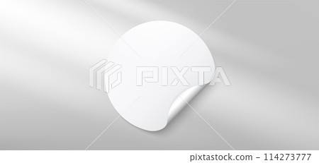 Empty round sticker background. White tag, paper round sticker with peeling corner. Circle adhesive label symbol. Realistic round paper adhesive sticker mockup with curved corn. Vector illustration Empty round sticker background. White tag, paper round sticker with peeling corner. Circle adhesive label symbol. Realistic round paper adhesive sticker mockup with curved corn. Vector illustration 114273777