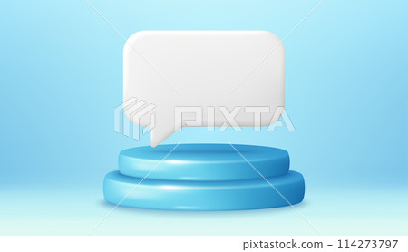 Podium scene with product platform and 3d speech bubble. Abstract scene banner with 3d pedestal. Product presentation mock up, show product podium, presentation offer platform. 3d podium stage. Vector 114273797