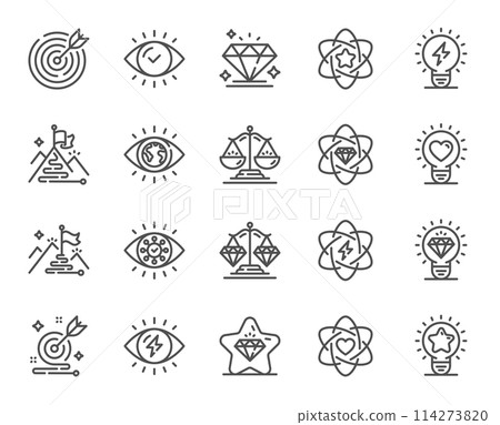 Mission, Vision, Values line icons. Business strategy, target goal and diamond set. Flag on mountain, electric power and scales with diamonds icons. Leadership mission values, strategy vision. Vector 114273820