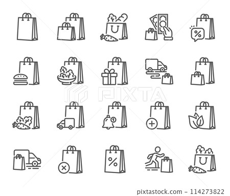 Shopping bag line icons. Gift box, food delivery and sale offer bag set. Fashion paper package, buy fresh salad and shopping mall bags icons. Present box, fast food delivery, shop discounts. Vector 114273822