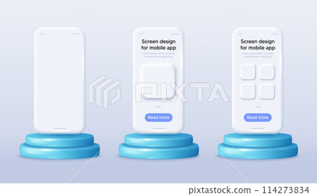 Phone screen mockups on the 3d podium stage. Cellphone templates with frames. Smart phone application 3d design with buttons. Mock up smartphone screen banners. Product presentation. Vector Phone screen mockups on the 3d podium stage. Cellphone templates with frames. Smart phone application 3d design with buttons. Mock up smartphone screen banners. Product presentation. Vector 114273834