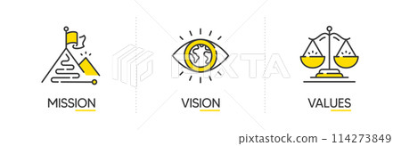 Mission, vision and values of business company. Target goal, global view and scales icons. Success template. Mission purpose flag, leader global vision and core value. Infographic concept. Vector Mission, vision and values of business company. Target goal, global view and scales icons. Success template. Mission purpose flag, leader global vision and core value. Infographic concept. Vector 114273849