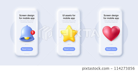Phone screen mockups. Cellphone 3d frame with alert, star and heart icons. Smart phone application design with buttons. Mock up designs, smartphone screen 3d banners. Mobile phone technology. Vector 114273856