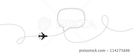 Airplane line path background. Air plane icon with flight route. Travel dash route line, trip flight path. Plane place location, airplane tracker. Dashed line with speech bubble. Vector 114273886